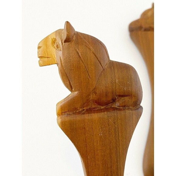 Hand Carved Lion Handle Salad Serving Spoon Fork Set African Vintage 80s 90s - Picture 5 of 7